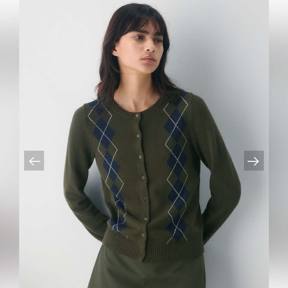 Aritzia Sunday Best Biscotti Olive and Navy Argyle Button-Up Cardigan